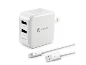 Wall Charger iClever® 4.8A 24W Dual USB Travel Mobile Wall Charger AC Power Adapter with SmartID Technology + 3.3ft / 1m Lightning Cable for iPhone, iPad, iPod and More --White Wall Charger iClever® 4.8A 24W Dual USB Travel Mobile Wall Charger AC Power Adapter with SmartID Technology + 3.3ft / 1m Lightning Cable for iPhone, iPad, iPod and More --White