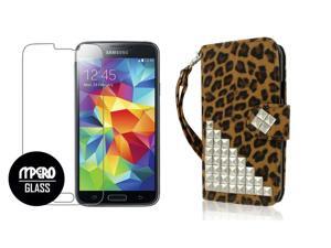 Galaxy S5 Wallet Case + Tempered GLASS Screen Protector Combo, Studded Leopard PU Leather Wallet Case Galaxy S5 Wallet Case + Tempered GLASS Screen Protector Combo, Studded Leopard PU Leather Wallet Case