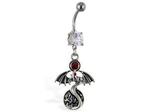 Navel ring with dangling dragon with red gem and circle Navel ring with dangling dragon with red gem and circle