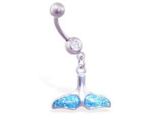 Belly button ring with dangling aqua glitter whale tail Belly button ring with dangling aqua glitter whale tail