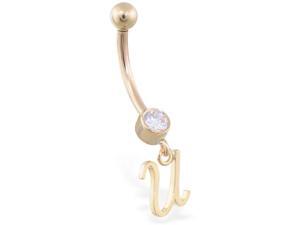 14K solid gold belly ring with dangling script initial U 14K solid gold belly ring with dangling script initial U