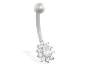 14K solid white gold belly ring with jeweled teardrop CZ cluster 14K solid white gold belly ring with jeweled teardrop CZ cluster