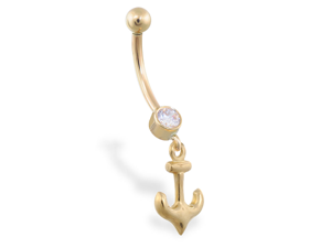 14K Yellow Gold belly ring with small dangling anchor 14K Yellow Gold belly ring with small dangling anchor