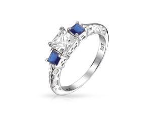Bling Jewelry 3 Stone Simulated Sapphire Princess Cut 925 Sterling Silver Engagement Ring Bling Jewelry 3 Stone Simulated Sapphire Princess Cut 925 Sterling Silver Engagement Ring