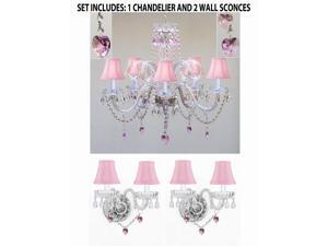 3pc Lighting Set - Crystal Chandelier and 2 Wall Sconces W/ Pink Crystal Hearts and Pink Shades! 3pc Lighting Set - Crystal Chandelier and 2 Wall Sconces W/ Pink Crystal Hearts and Pink Shades!