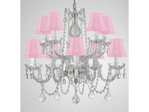 Swarovski Crystal Trimmed Chandelier! CRYSTAL CHANDELIER CHANDELIERS LIGHTING WITH PINK SHADES H 25" X W 24" Swarovski Crystal Trimmed Chandelier! CRYSTAL CHANDELIER CHANDELIERS LIGHTING WITH PINK SHADES H 25" X W 24"