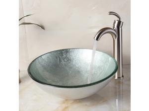 Elite Silver Hand Painted Foil Pattern Bathroom Vessel Round Bowl Sink w/ Matching Color Textured Underside and Brushed Nickel Pop-up Drain and Mounting Ring - 1308+P01008BN Elite Silver Hand Painted Foil Pattern Bathroom Vessel Round Bowl Sink w/ Matching Color Textured Underside and Brushed Nickel Pop-up Drain and Mounting Ring - 1308+P01008BN