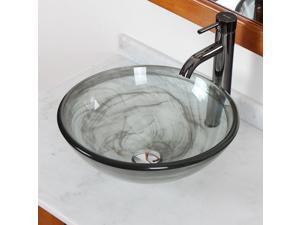 Elite Double Layered Transparent Tempered Glass Bowl Vessel Sink with Smokey Grey Swirls and Chrome Pop-up Drain and Mounting Ring - 49N+P01008C Elite Double Layered Transparent Tempered Glass Bowl Vessel Sink with Smokey Grey Swirls and Chrome Pop-up Drain and Mounting Ring - 49N+P01008C