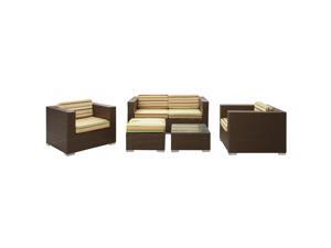 Malibu Outdoor Wicker Patio 5 Piece Sofa Set In Chocolate with Multicolored Cushions Malibu Outdoor Wicker Patio 5 Piece Sofa Set In Chocolate with Multicolored Cushions