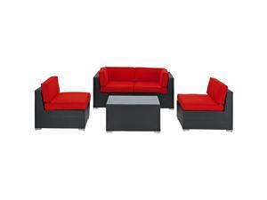 Camfora Outdoor Wicker Patio 5 Piece Sofa Set in Espresso with Red Cushions Camfora Outdoor Wicker Patio 5 Piece Sofa Set in Espresso with Red Cushions