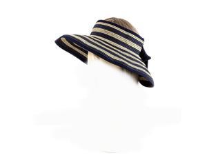 Navy Blue Two Tone Horizontal Stripe Roll Up Visor Wrap Sun Hat with Bow Navy Blue Two Tone Horizontal Stripe Roll Up Visor Wrap Sun Hat with Bow