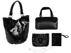 4-Pc Croco Embossed Faux Leather Set Tote in Black 4-Pc Croco Embossed Faux Leather Set Tote in Black