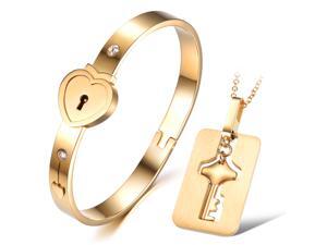 Gold Bangle Stainless Steel Bracelet Shinning Crystal Drill Love Lock Bracelet Necklace Package Girls Women Jewelry Gold Bangle Stainless Steel Bracelet Shinning Crystal Drill Love Lock Bracelet Necklace Package Girls Women Jewelry
