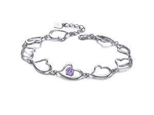 Plated White Gold Sterling Silver 925 Bracelet Women Heart Purple CZ Crystal Fashion Girl Hand Chain Charms Jewelry Plated White Gold Sterling Silver 925 Bracelet Women Heart Purple CZ Crystal Fashion Girl Hand Chain Charms Jewelry