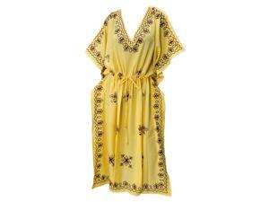 La Leela V Neck RAYON Embroidery Sleepwear PLUS Size Casual Long Kaftan Yellow La Leela V Neck RAYON Embroidery Sleepwear PLUS Size Casual Long Kaftan Yellow