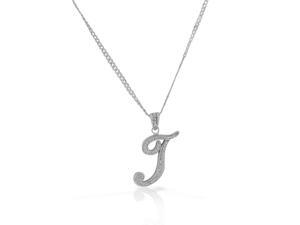 925 Sterling Silver CZ Letter Initial "T" Pendant Necklace - T 925 Sterling Silver CZ Letter Initial "T" Pendant Necklace - T
