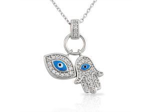 925 Sterling Silver Womens Evil Eye Hamsa Blue White CZ Pendant Necklace 925 Sterling Silver Womens Evil Eye Hamsa Blue White CZ Pendant Necklace