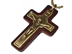 Extra Large Fashion Alloy Brown Leather Yellow Gold-Tone Religious Cross Mens Pendant Necklace Extra Large Fashion Alloy Brown Leather Yellow Gold-Tone Religious Cross Mens Pendant Necklace