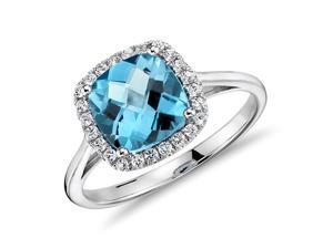 Swiss Blue Topaz and Diamonds Halo Cushion Ring in 14K White Gold Engagement Ring Swiss Blue Topaz and Diamonds Halo Cushion Ring in 14K White Gold Engagement Ring