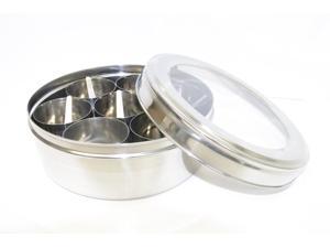 Tabakh Stainless Steel Masala Dabba Spice Container Box with 7 Spoons - Clear Lid Tabakh Stainless Steel Masala Dabba Spice Container Box with 7 Spoons - Clear Lid