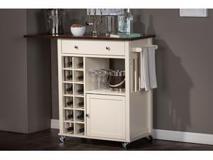 Baxton Studio Justin Modern and Contemporary Cream White Solid Wood Kitchen Cart with Dark Oak Drop Leaf Top and Built-in Wine Rack Baxton Studio Justin Modern and Contemporary Cream White Solid Wood Kitchen Cart with Dark Oak Drop Leaf Top and Built-in Wine Rack