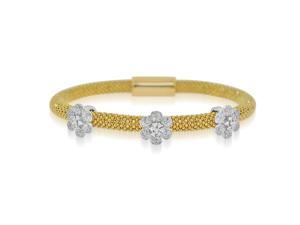 Sterling Silver Gold Plated And CZ 3 Station Flower Bangle Bracelet Sterling Silver Gold Plated And CZ 3 Station Flower Bangle Bracelet