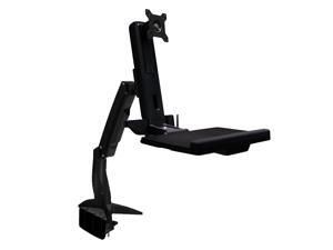Sit Stand Articulating Arm Clamp Mount. Foldable keyboard tray and retractable mouse pad. Built in holders for Mouse and scanner. Separate monitor adjustments. Supports 24" monitors Sit Stand Articulating Arm Clamp Mount. Foldable keyboard tray and retractable mouse pad. Built in holders for Mouse and scanner. Separate monitor adjustments. Supports 24" monitors