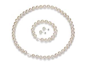 Heart Shape "Love" Sterling Silver 6-7mm Freshwater Cultured White Pearl Necklace 18" Length, Matching 7" Bracelet & Earring Sets Heart Shape "Love" Sterling Silver 6-7mm Freshwater Cultured White Pearl Necklace 18" Length, Matching 7" Bracelet & Earring Sets