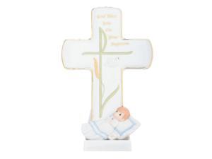 Precious Moments, Baptism Gifts, "God Bless You On Your Baptism", Bisque Porcelain Cross With Stand, Boy, #834020 Precious Moments, Baptism Gifts, "God Bless You On Your Baptism", Bisque Porcelain Cross With Stand, Boy, #834020