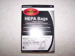 Riccar 1400, 1500, 1700, 1800 Series Simplicity Canister Models S38, S36, S24, S20 and S18 HEPA Vacuum Bags 6 pk. by Env Riccar 1400, 1500, 1700, 1800 Series Simplicity Canister Models S38, S36, S24, S20 and S18 HEPA Vacuum Bags 6 pk. by Env