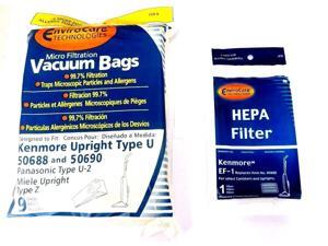 9 Kenmore Upright 50688 and 50690, Panasonic Type U-2 Vacuum Bags Microfiltration with Closure (9 Bags & 1 EF1 Filter) 9 Kenmore Upright 50688 and 50690, Panasonic Type U-2 Vacuum Bags Microfiltration with Closure (9 Bags & 1 EF1 Filter)