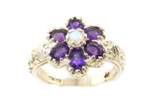 Solid English White 9K Gold Womens Fiery Opal & Amethyst Art Nouveau Flower Ring - Size 10.25 - Finger Sizes 5 to 12 Available Solid English White 9K Gold Womens Fiery Opal & Amethyst Art Nouveau Flower Ring - Size 10.25 - Finger Sizes 5 to 12 Available