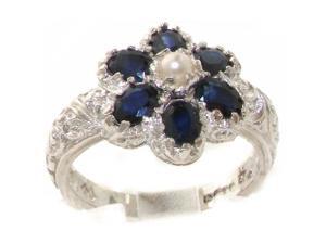 Solid 9K White Gold Natural Sapphire & Pearl Victorian Cluster Flower Ring - Size 10.25 - Finger Sizes 4 to 12 Available Solid 9K White Gold Natural Sapphire & Pearl Victorian Cluster Flower Ring - Size 10.25 - Finger Sizes 4 to 12 Available