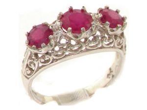 Solid 9K White Gold Genuine Natural Ruby English Filigree Trilogy Band Ring - Size 8.25 - Finger Sizes 4 to 12 Available Solid 9K White Gold Genuine Natural Ruby English Filigree Trilogy Band Ring - Size 8.25 - Finger Sizes 4 to 12 Available