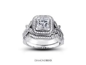 1.31 CT J-SI2 EX Princess Earth Mined Diamonds 14K Pave Vintage with Halo Matching Engagement Rings 8.54gr 1.31 CT J-SI2 EX Princess Earth Mined Diamonds 14K Pave Vintage with Halo Matching Engagement Rings 8.54gr