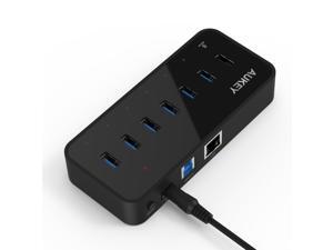 Aukey CB-H17 SuperSpeed 7-Port USB 3.0 Hub - Including 6 USB 3.0 Hub Port, 1 BC 1.2 Smart Charging Port and 10/100/1000 Gigabit Ethernet Converter with 12V 3A Power Adapter Aukey CB-H17 SuperSpeed 7-Port USB 3.0 Hub - Including 6 USB 3.0 Hub Port, 1 BC 1.2 Smart Charging Port and 10/100/1000 Gigabit Ethernet Converter with 12V 3A Power Adapter
