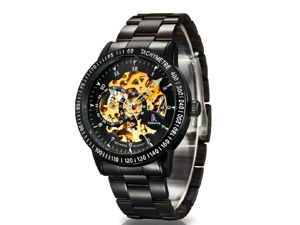 Men's Luxury Stainless Steel Skeleton Mechanical Wrist Watch With Japanese Automatic Movement - black and gold Men's Luxury Stainless Steel Skeleton Mechanical Wrist Watch With Japanese Automatic Movement - black and gold