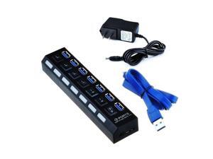 Black 7 Port USB 3.0 Hub On/Off Switches + AC Power Adapter Cable for PC Laptop Black 7 Port USB 3.0 Hub On/Off Switches + AC Power Adapter Cable for PC Laptop