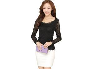 Korean Style Thin Slim Fit Long Sleeve Lace Women Bottoming T-shirt Black S Korean Style Thin Slim Fit Long Sleeve Lace Women Bottoming T-shirt Black S