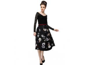 Retro Style White Flowers Pattern High-waisted A-line Skirt Black S Retro Style White Flowers Pattern High-waisted A-line Skirt Black S