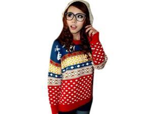 Korean Style Colored Deer & Rhombic Checks Pattern Women’s Pullover Woolen Sweater Red Free Size Korean Style Colored Deer & Rhombic Checks Pattern Women’s Pullover Woolen Sweater Red Free Size