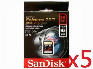 SanDisk 16GB Extreme PRO SD UHS-I 95MB/s 3D HD Video SDHC Memory Card UHS-1 16GB - Pack of 5 SanDisk 16GB Extreme PRO SD UHS-I 95MB/s 3D HD Video SDHC Memory Card UHS-1 16GB - Pack of 5
