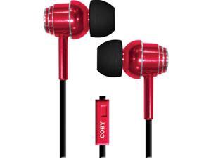 Tangle-Free Flat Cable Metal Earbuds w/Mic, Red Tangle-Free Flat Cable Metal Earbuds w/Mic, Red