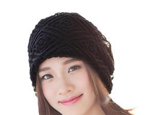 Large diamond lattice scarf solid color ear cap-Black-? 56-58cm Large diamond lattice scarf solid color ear cap-Black-? 56-58cm