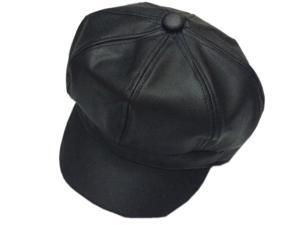PU solid leather octagonal Beret hat-Black-One Size PU solid leather octagonal Beret hat-Black-One Size