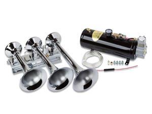 Train Air Horn Kit; Three Oversize Flat-Rack Trumpets, 110 PSI Compressor & Tank Train Air Horn Kit; Three Oversize Flat-Rack Trumpets, 110 PSI Compressor & Tank