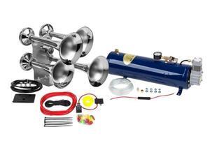 Train Air Horn Kit; Four Oversize Trumpets, 12-Volt w/130 PSI Compressor & Tank Train Air Horn Kit; Four Oversize Trumpets, 12-Volt w/130 PSI Compressor & Tank
