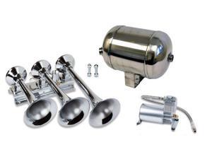 Train Air Horn Kit; Three Oversize Flat-Rack Trumpets, 150 PSI Compressor & Tank Train Air Horn Kit; Three Oversize Flat-Rack Trumpets, 150 PSI Compressor & Tank