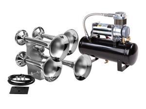 Train Air Horn Kit: Four Huge Trumpets, 12-Volt Heavy Duty 150 PSI Compressor Train Air Horn Kit: Four Huge Trumpets, 12-Volt Heavy Duty 150 PSI Compressor