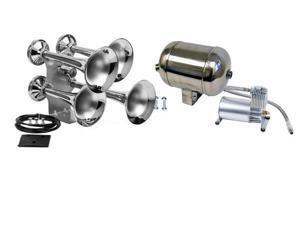Train Air Horn Kit; Four Oversize Trumpets, 12-Volt w/150 PSI Compressor & Tank Train Air Horn Kit; Four Oversize Trumpets, 12-Volt w/150 PSI Compressor & Tank